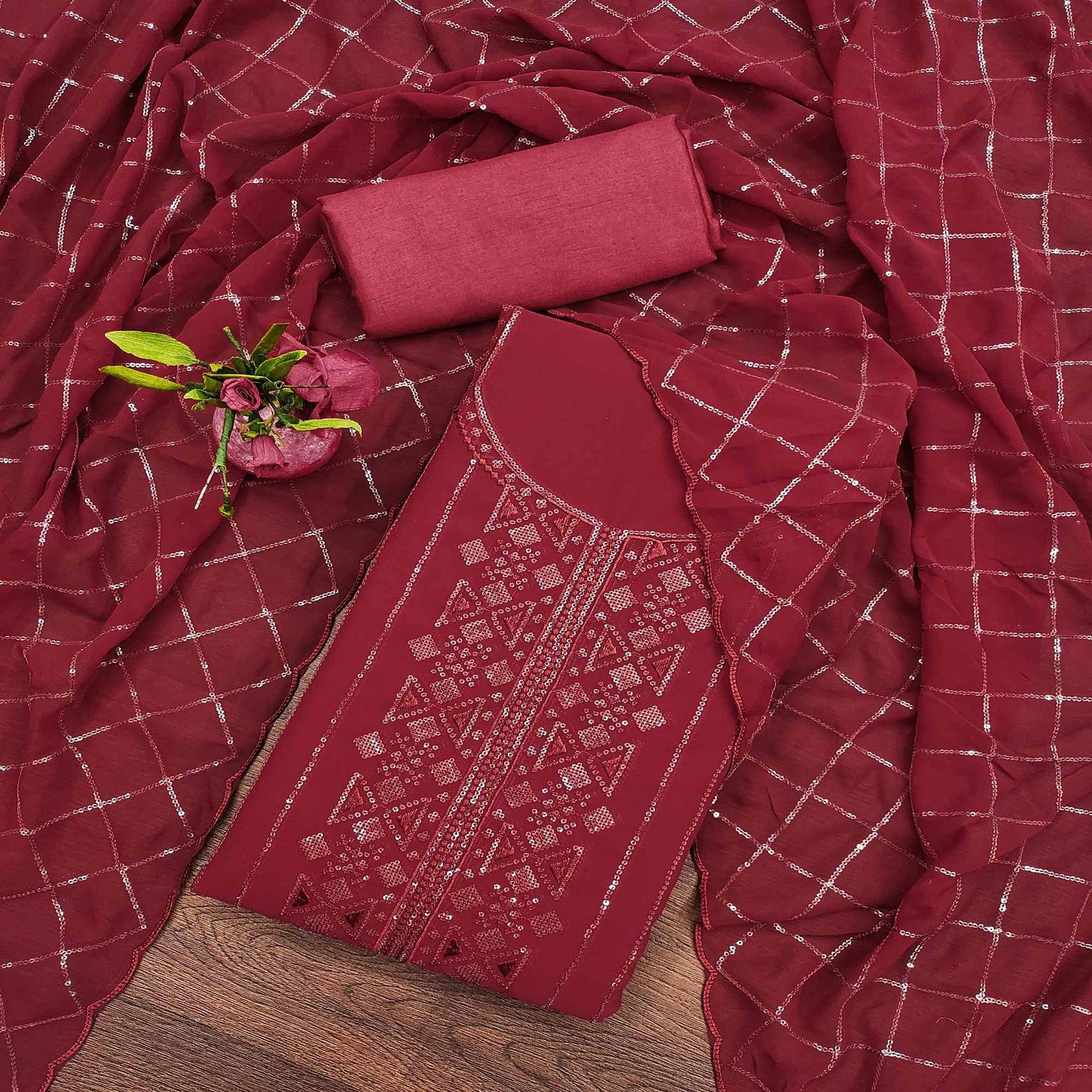 Maroon Sequins Embroidered Georgette Dress Material