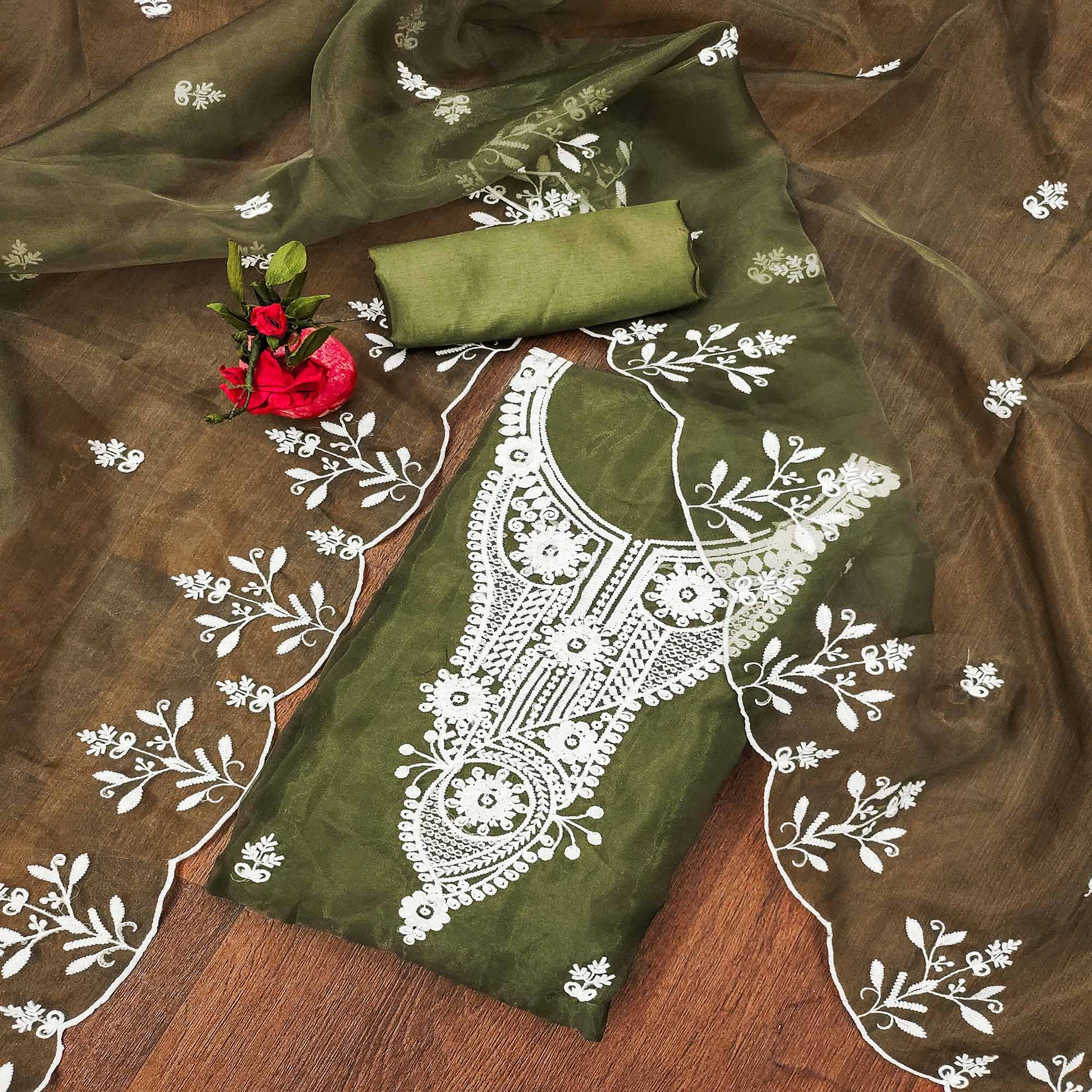Mehendi Green Floral Embroidered Organza Dress Material