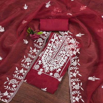 Maroon Floral Embroidered Organza Dress Material