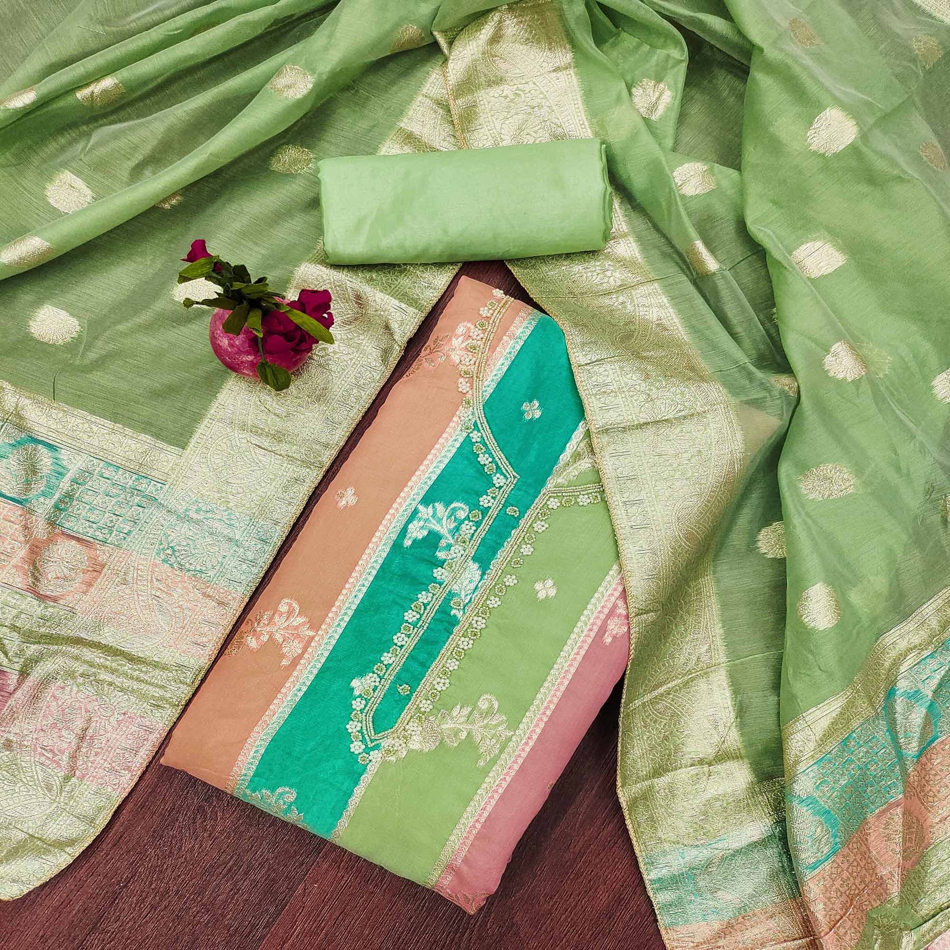 green-floral-woven-with-hand-embroidered-jacquard-dress-material
