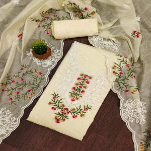 Cream Floral Sequins Embroidered Chanderi Cotton Dress Material