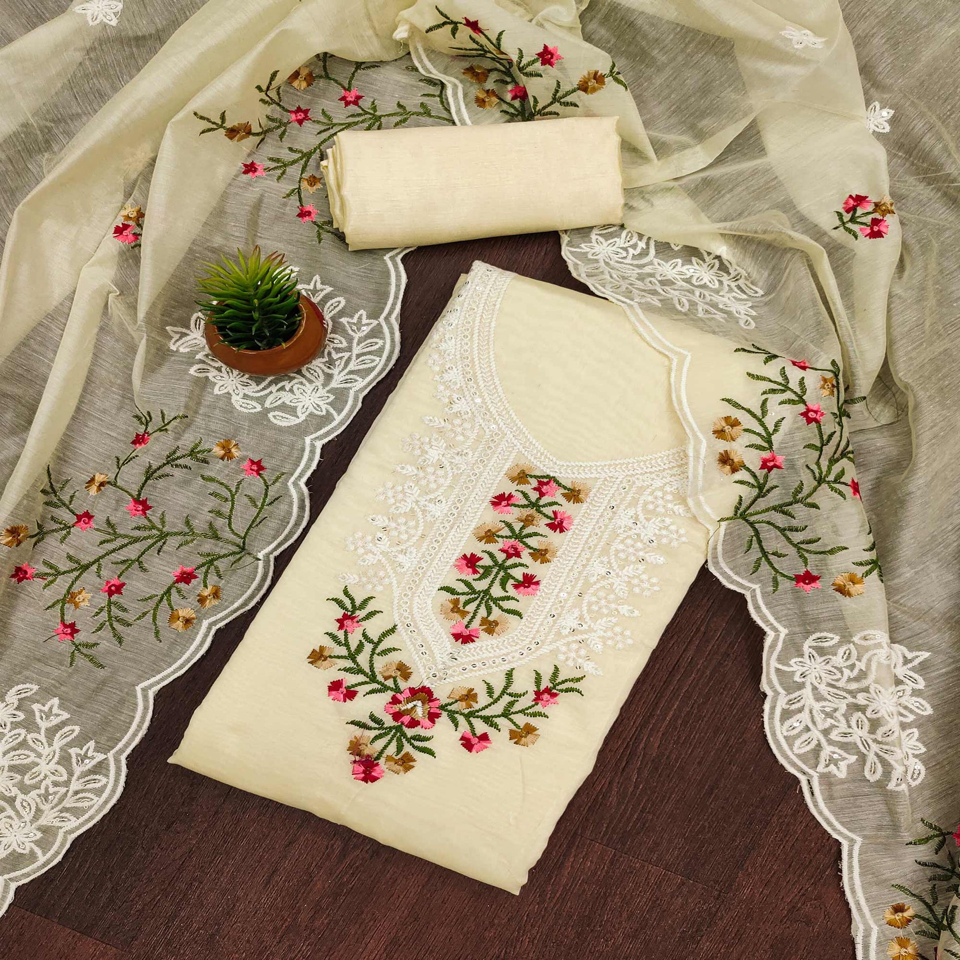 Cream Floral Sequins Embroidered Chanderi Cotton Dress Material