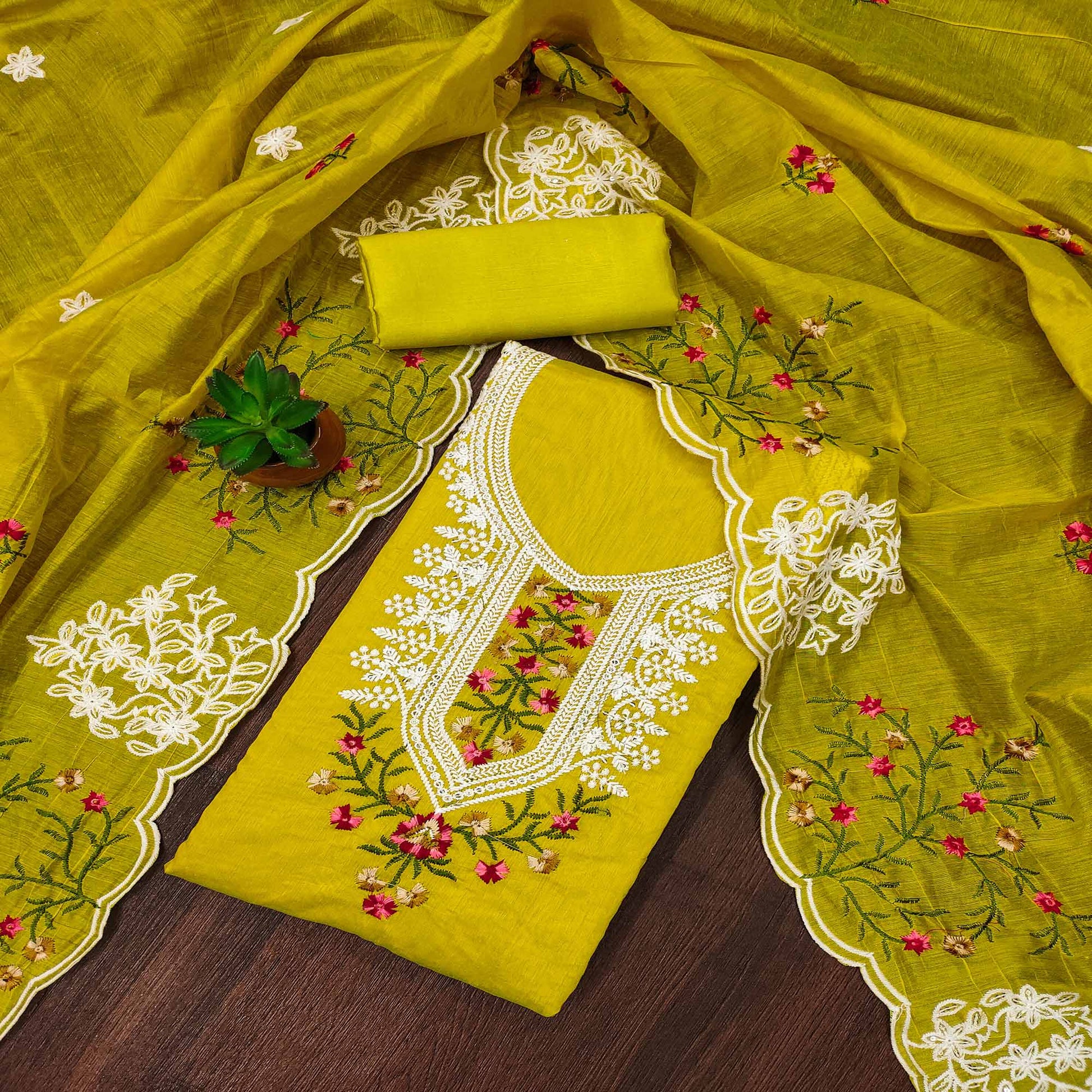 Lemon Green Floral Sequins Embroidered Chanderi Cotton Dress Material