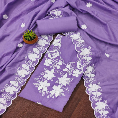 Lavender Floral Embroidered Cotton Blend Dress Material