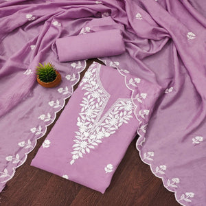 Lavender Floral Embroidered Cotton Blend Dress Material