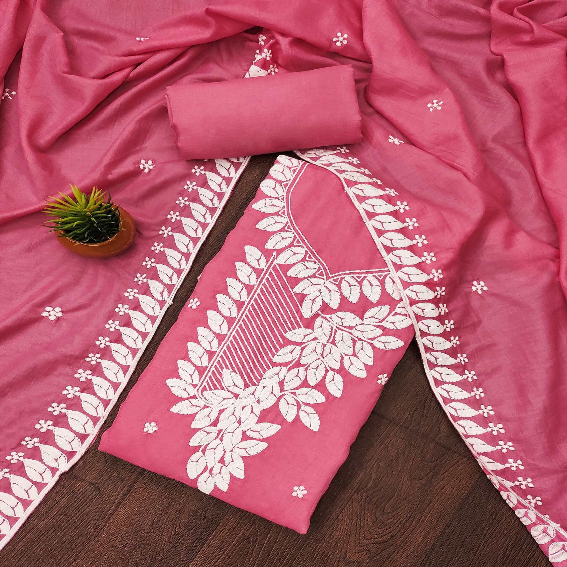 Gajari Pink Floral Embroidered Cotton Blend Dress Material