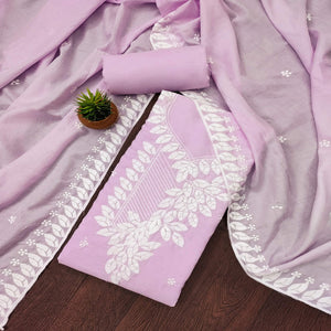Light Lavender Floral Embroidered Cotton Blend Dress Material