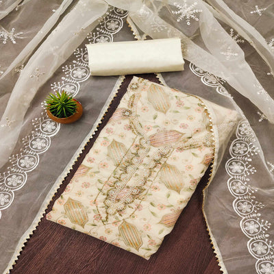 Cream Floral Embroidered With Handwork Organza Dress Material