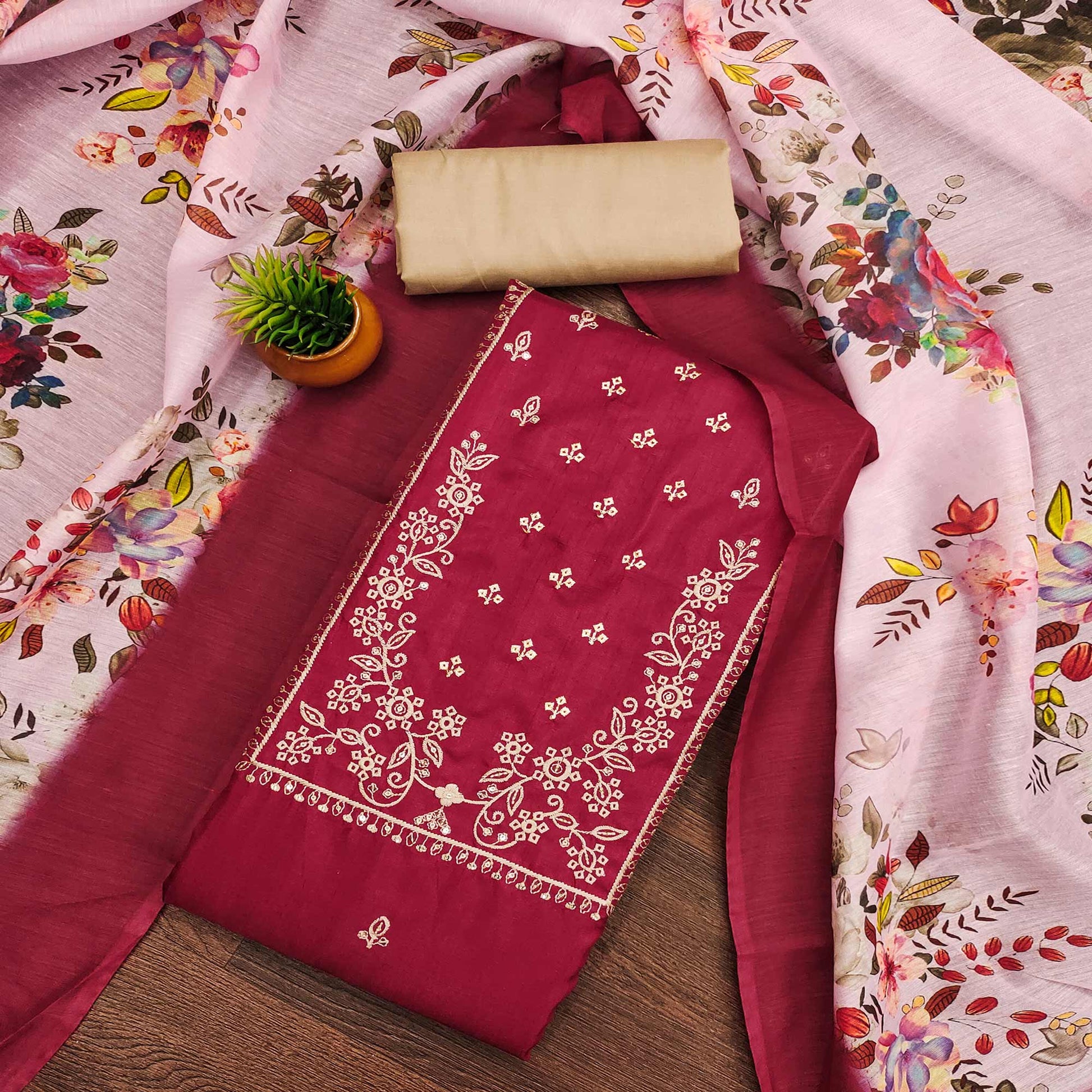 Maroon Floral Sequins Embroidered Cotton Blend Dress Material