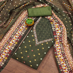 Mehendi Green Floral Digital Printed With Diamond Work Organza Dress Material