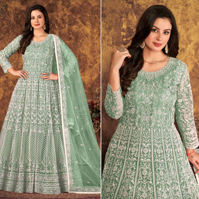 green-floral-embroidered-net-semi-stitched-dress-material