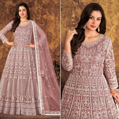 Mauve Floral Embroidered Net Semi Stitched Dress Material