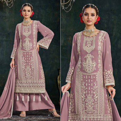 Mauve Floral Embroidered Georgette Semi Stitched Palazzo Suit