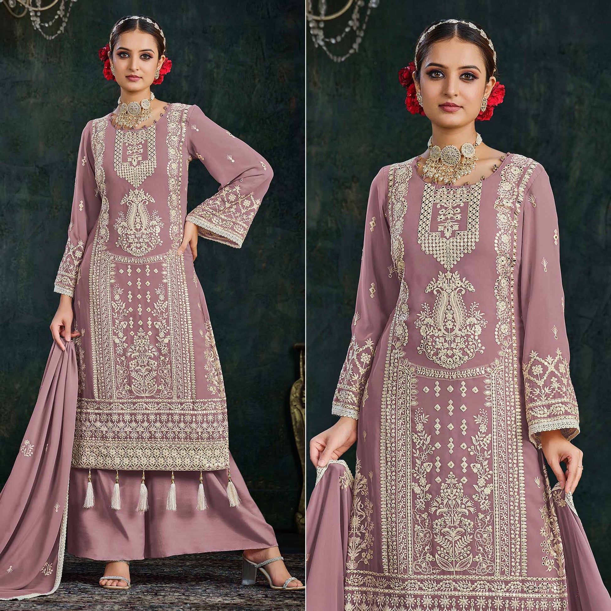 Mauve Floral Embroidered Georgette Semi Stitched Palazzo Suit