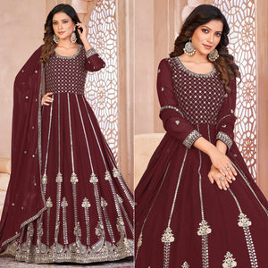 Maroon Floral Sequins Embroidered Georgette Semi Stitched Anarkali Suit