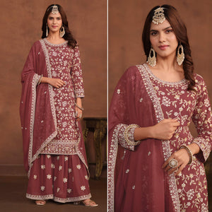 Burnt Red Floral Embroidered Georgette Semi Stithed Suit