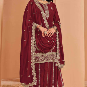 Maroon Floral Embroidery Georgette Semi Stitched Palazzo Suit