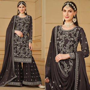 Dark Grey Floral Embroidered Georgette Semi Stitched Sharara Suit