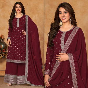 Maroon Floral Embroidered Georgette Semi Stitched Suit
