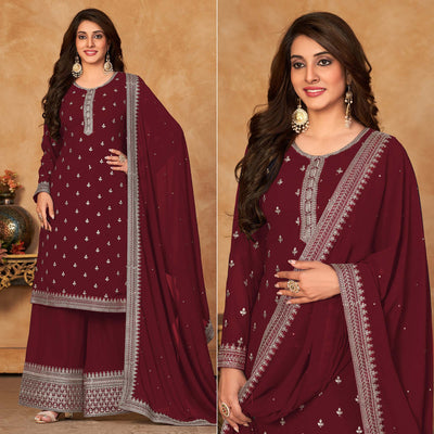 Maroon Floral Embroidered Georgette Semi Stitched Suit
