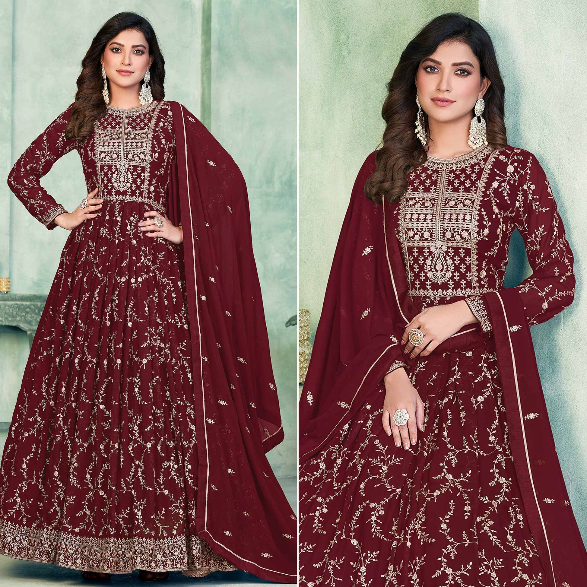 Maroon Embroidered Georgette Semi Stitched Anarkali Suit
