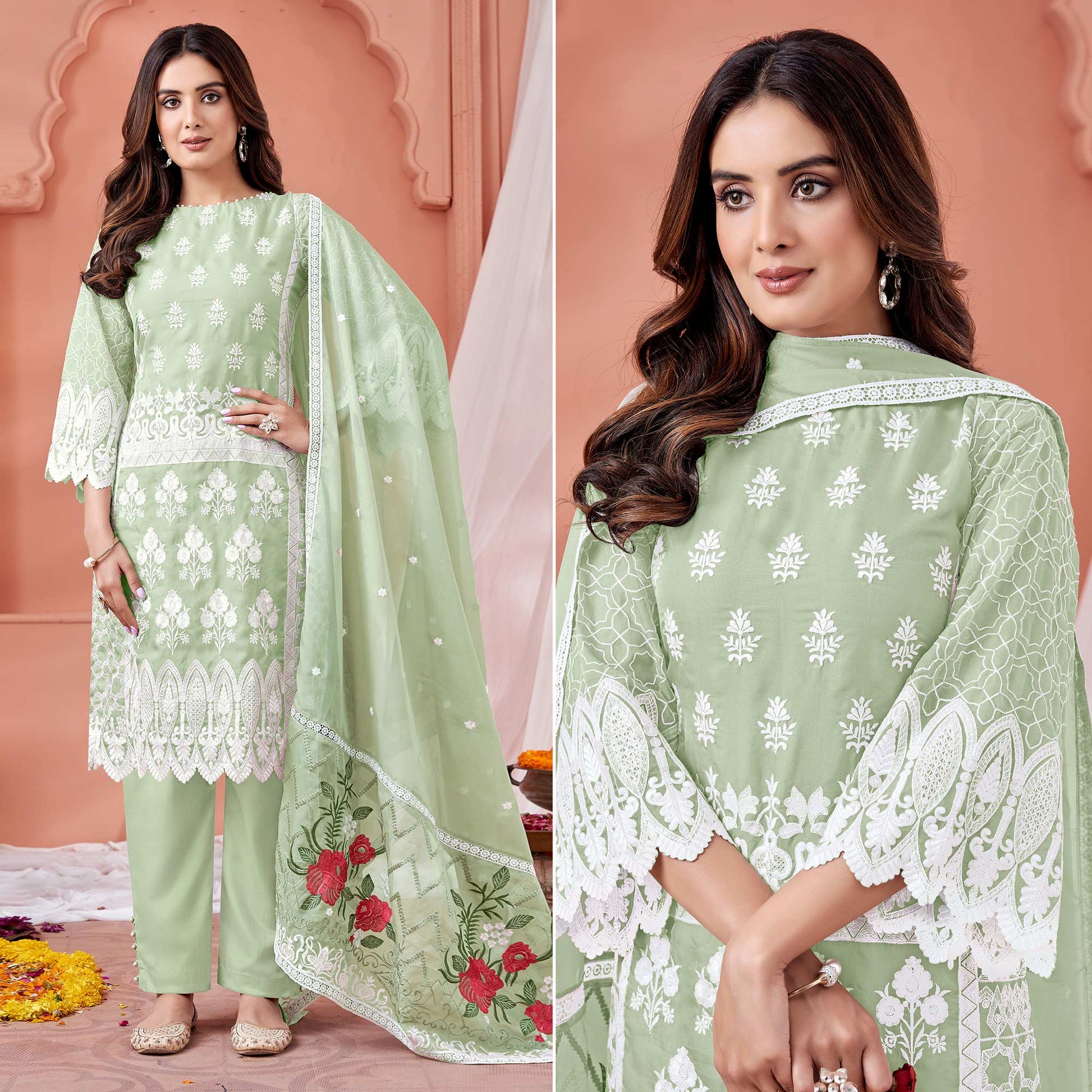 green-floral-embroidered-organza-semi-stitched-suit