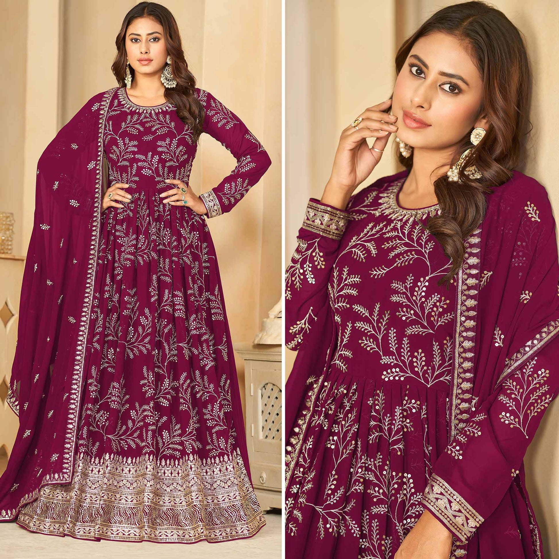 Dark Rani Pink Sequins Embroidered Georgette Anarkali Style Semi Stitched Gown