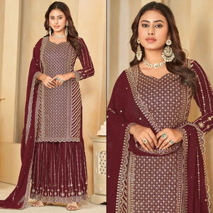 Maroon Sequins Embroidered Georgette Semi Stithed Sharara Suit