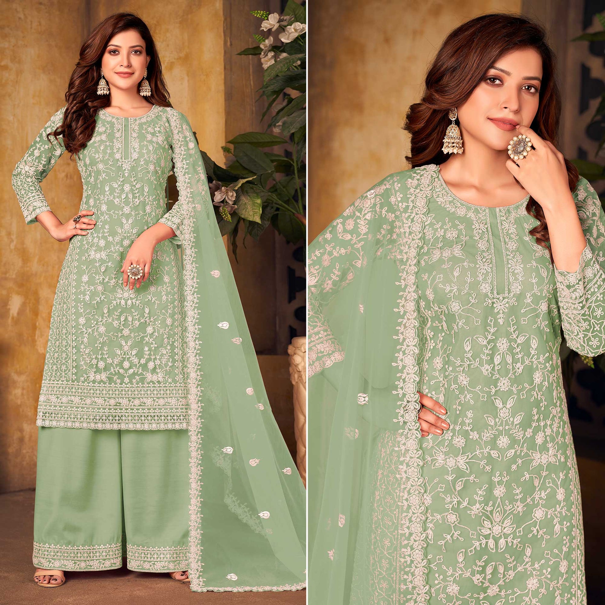 green-floral-embroidered-net-semi-stitched-suit