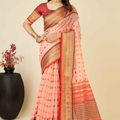 Light Peach Zari Weaving Cotton Silk Saree