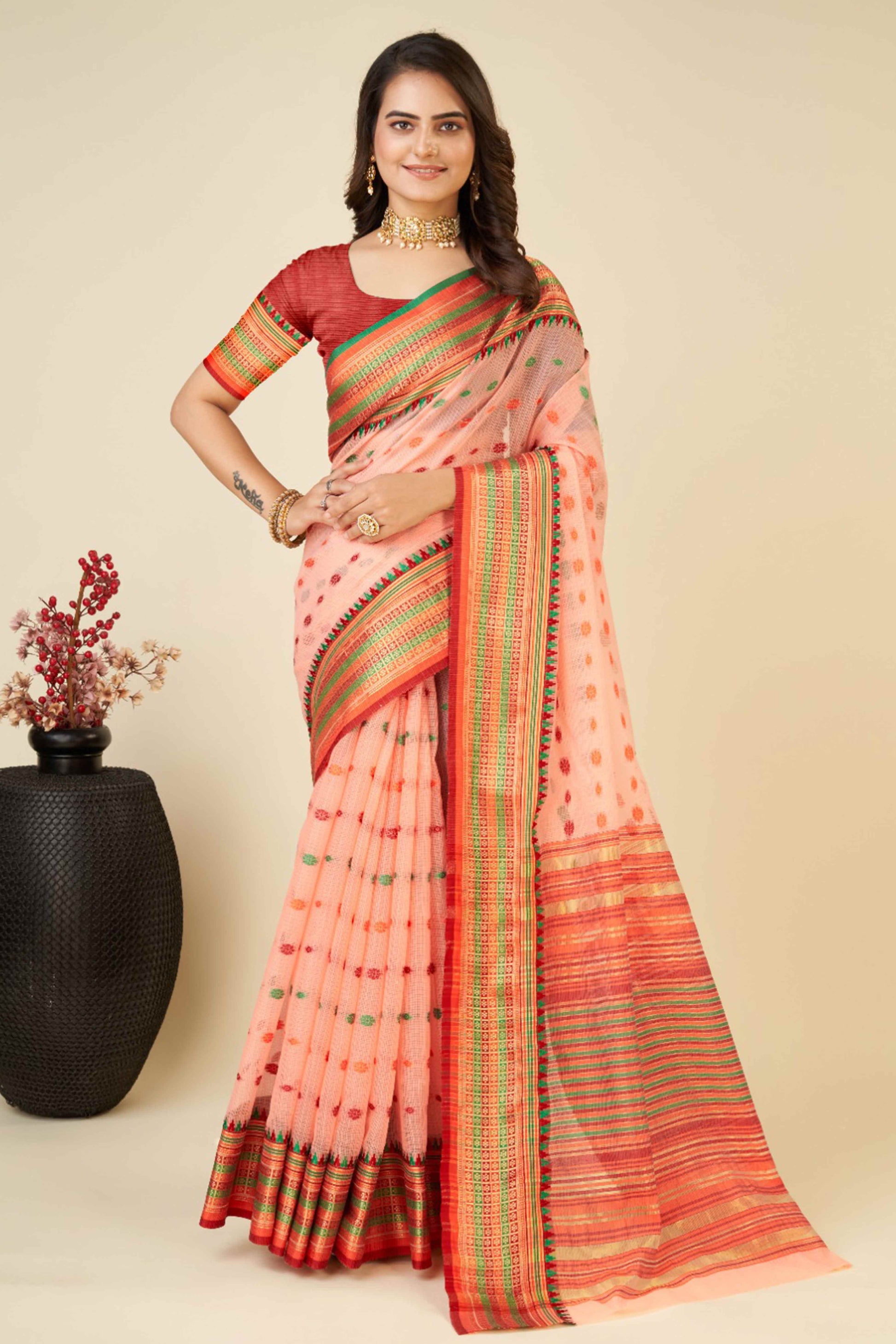 Light Peach Zari Weaving Cotton Silk Saree