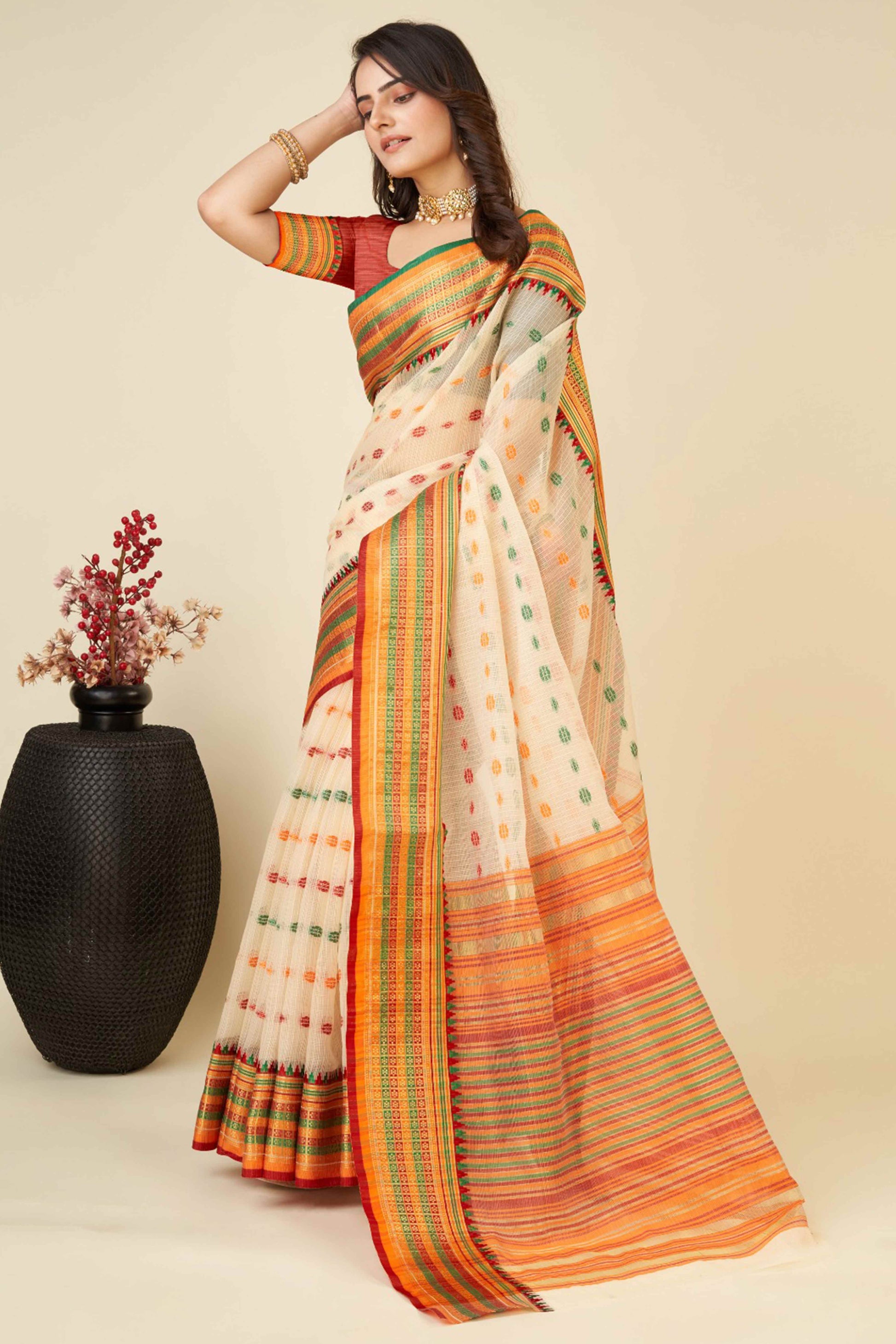 Cream Zari Weaving Cotton Silk Saree