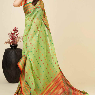Light Green Zari Weaving Cotton Silk Saree