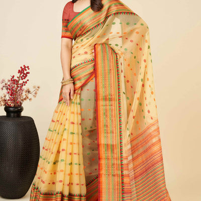 Light Yellow Zari Weaving Cotton Silk Saree