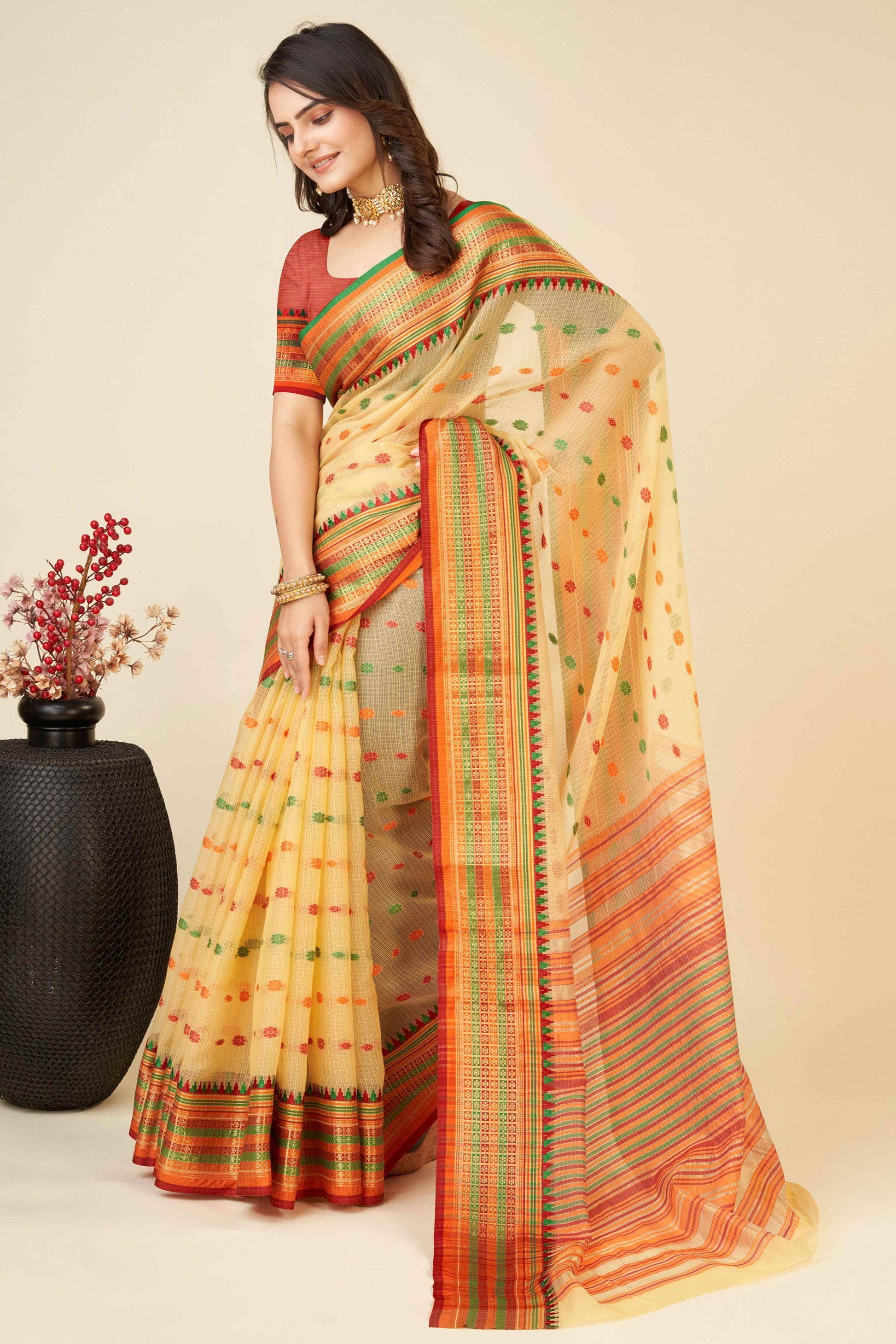 Light Yellow Zari Weaving Cotton Silk Saree