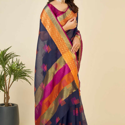 Blue Zari Weaving Cotton Blend Saree