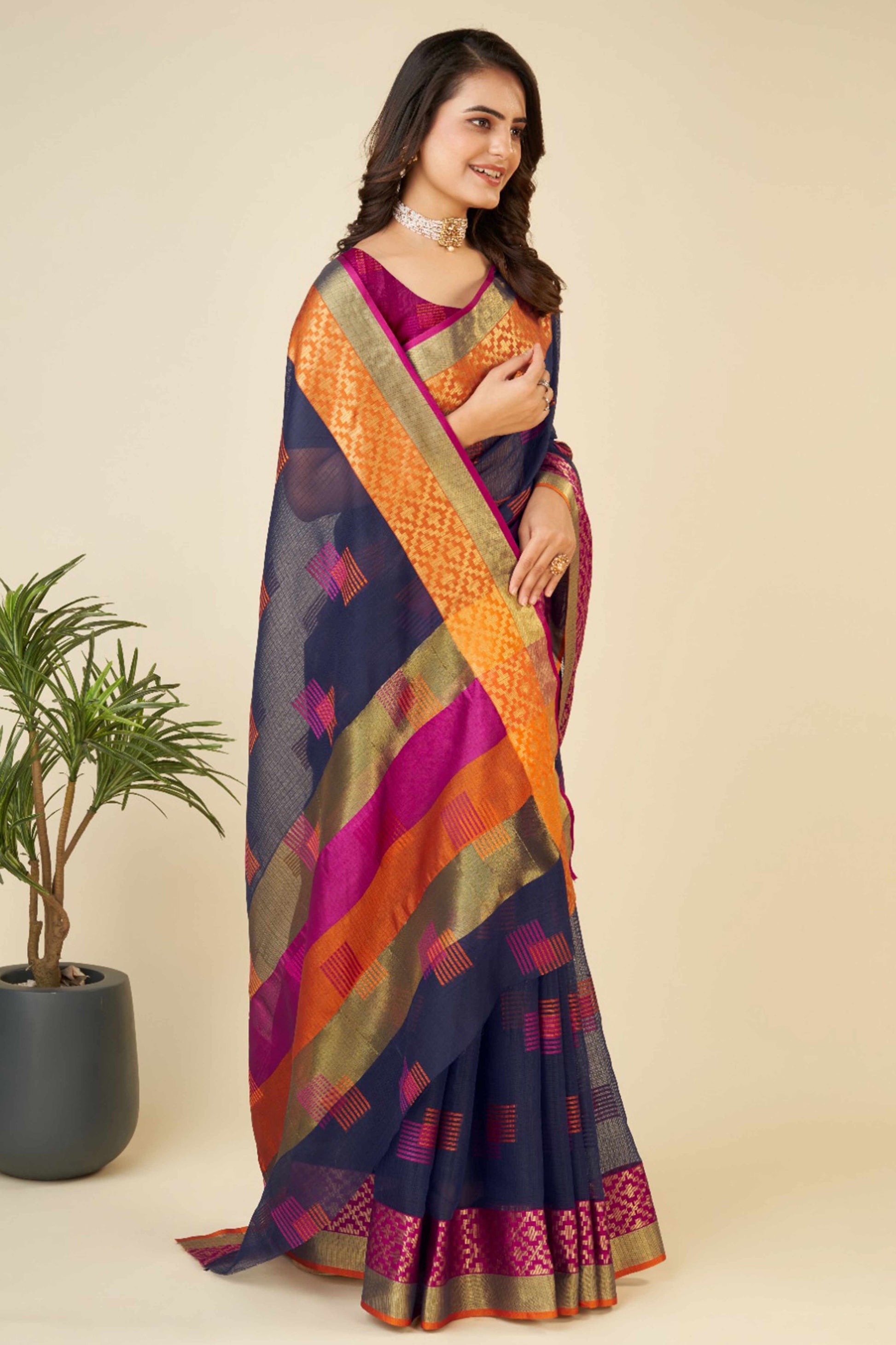 Blue Zari Weaving Cotton Blend Saree