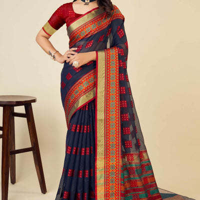 Blue Zari Weaving Cotton Blend Saree