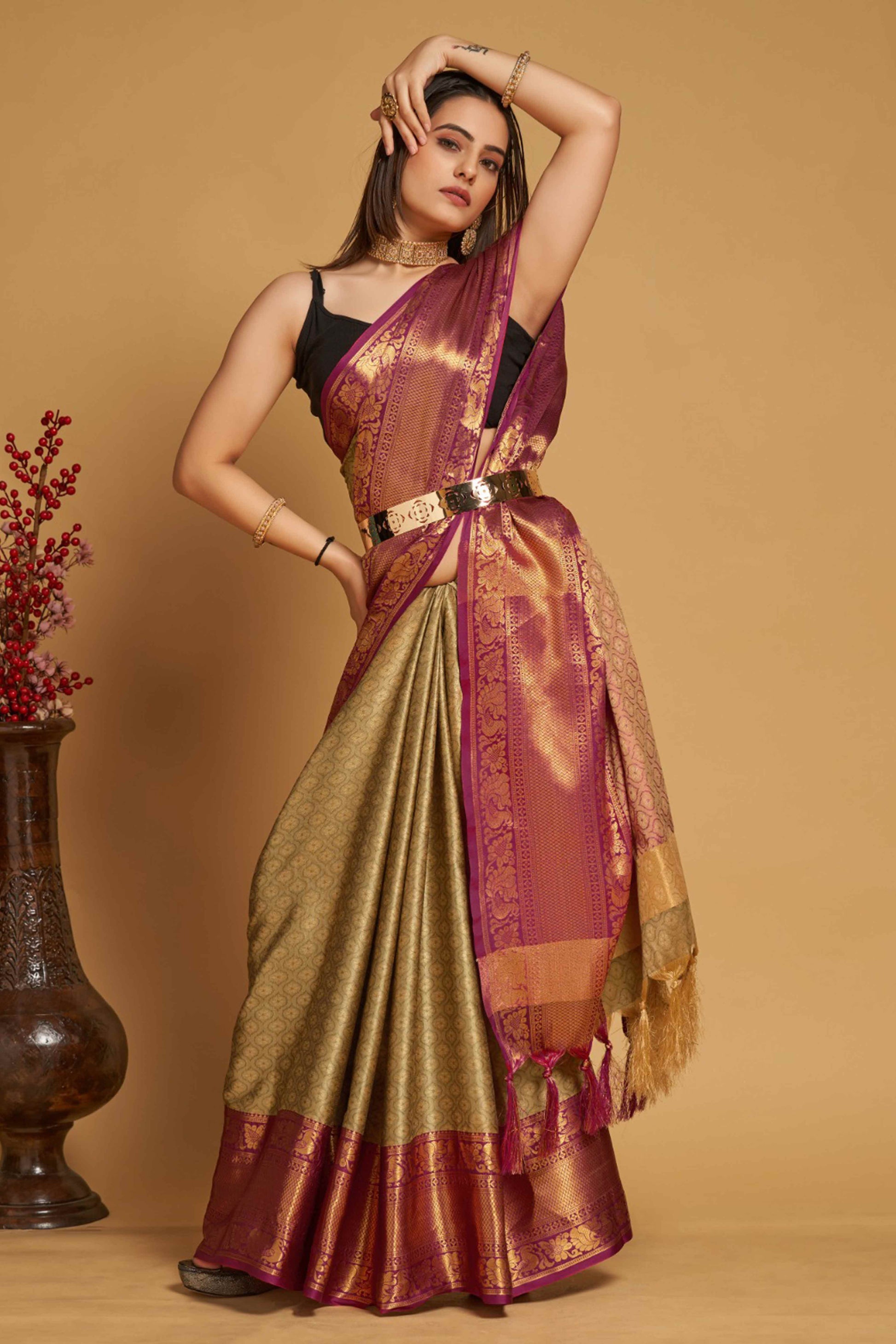 Light Brown Zari Weaving Banarasi Silk Saree