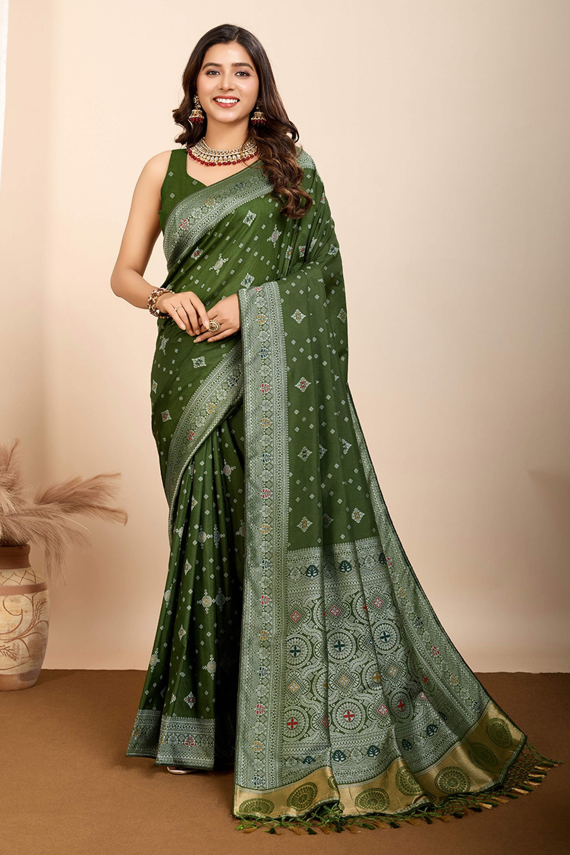 Mehendi Green Minakari Weaving Pure Silk Saree