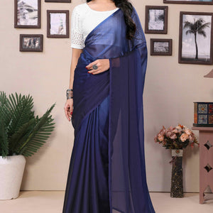 Blue Solid Satin Ready To Wear Ombre Saree