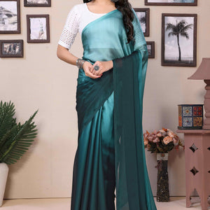 Morpich Green Solid Satin Ready To Wear Ombre Saree