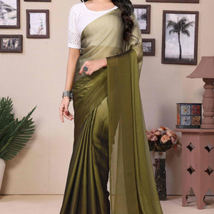 Mehendi Green Solid Satin Ready To Wear Ombre Saree