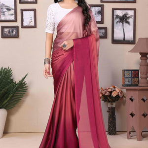 Magenta Solid Satin Ready To Wear Ombre Saree