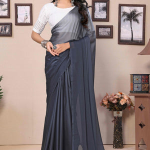 Grey Solid Satin Ready To Wear Ombre Saree