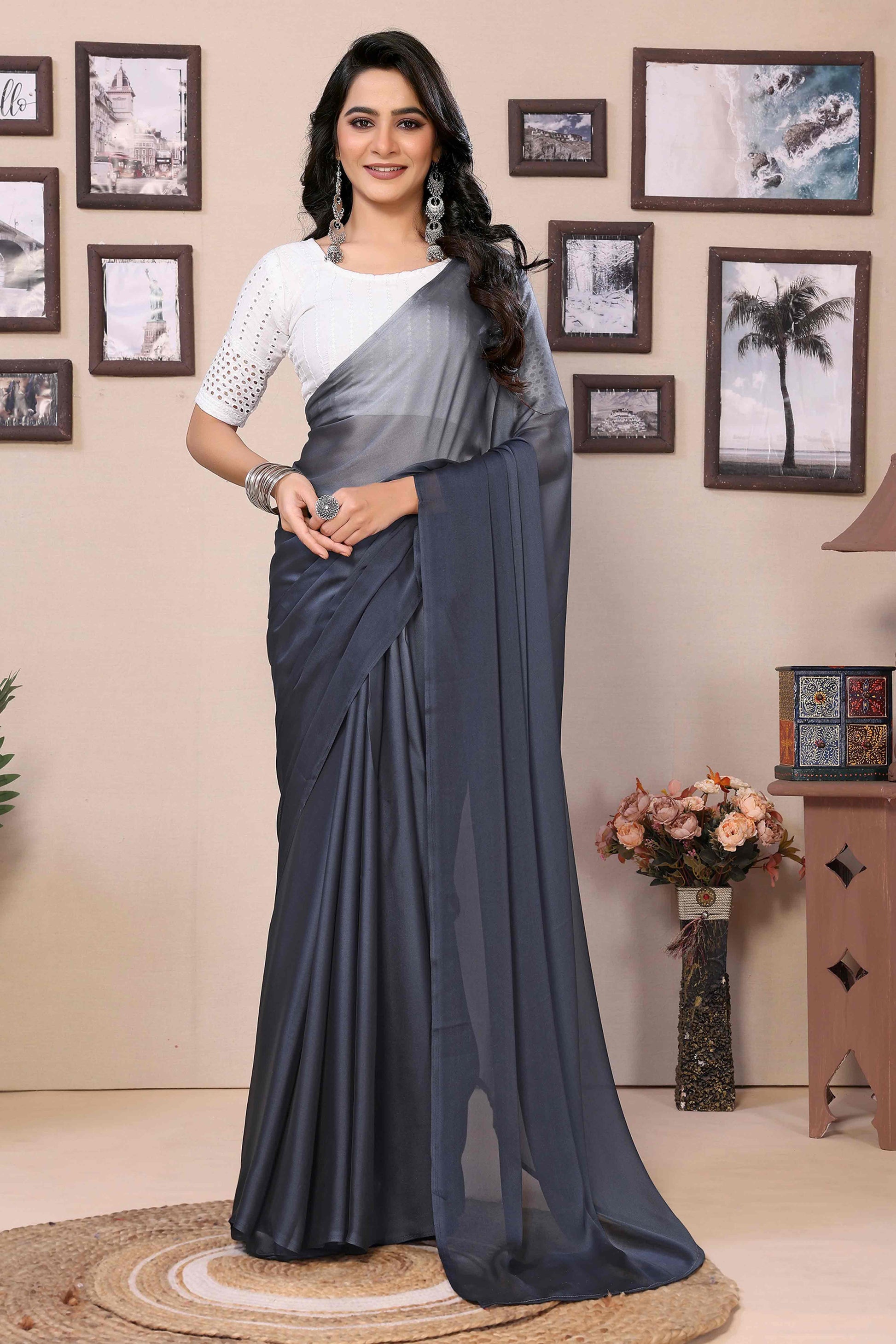 Grey Solid Satin Ready To Wear Ombre Saree