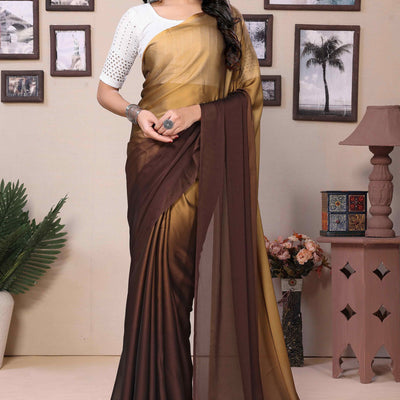 Brown Solid Satin Ready To Wear Ombre Saree