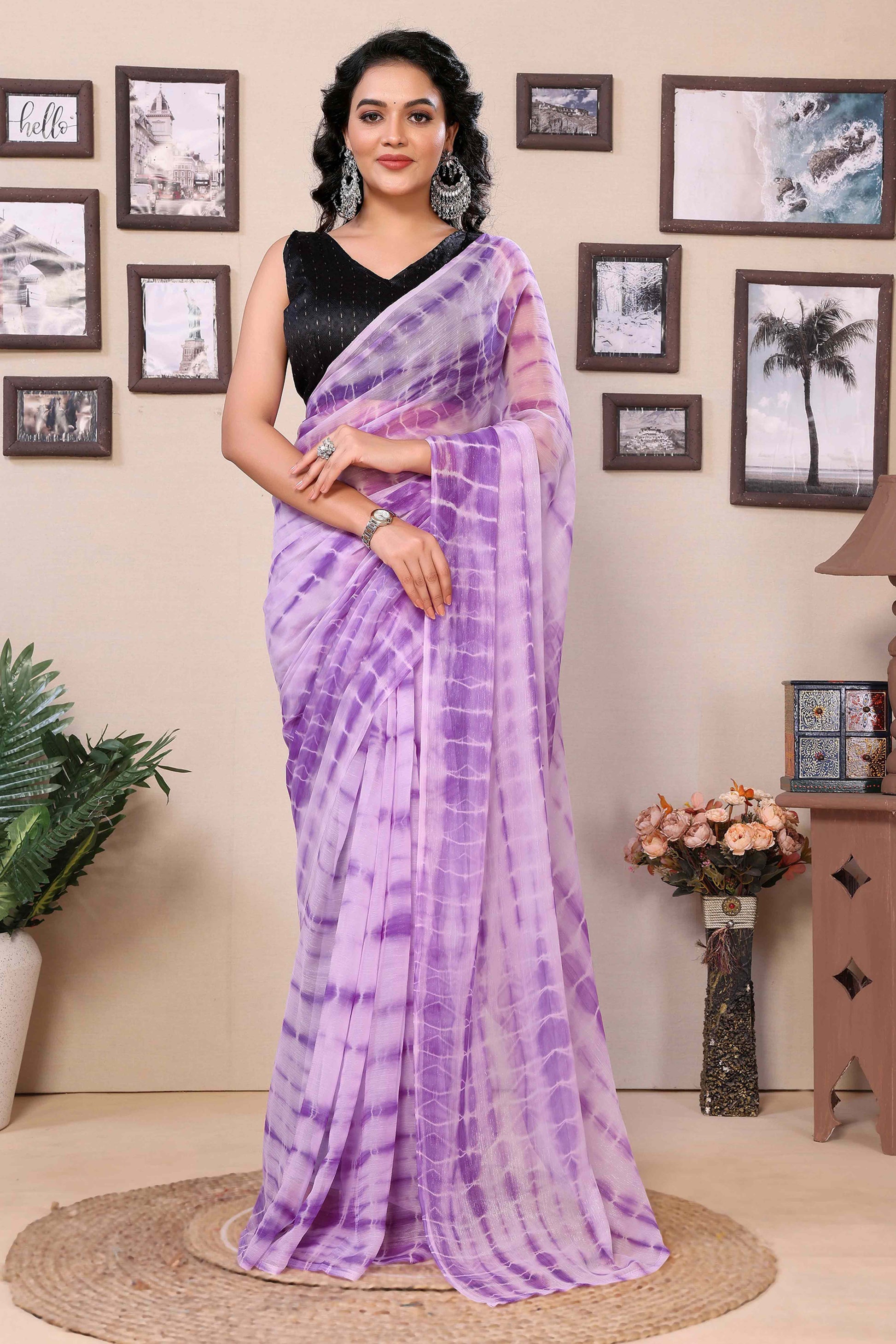Lavender Shibori Printed Georgette Ready To Wear Saree