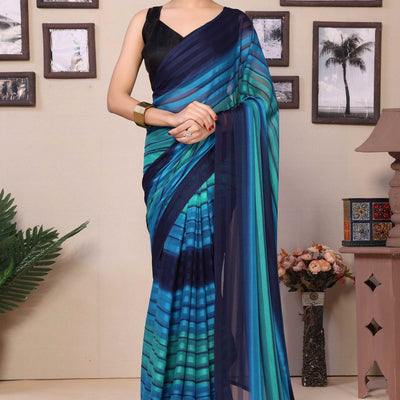 Blue Striped Printed Georgette Satin Patta Ready To Wear Saree