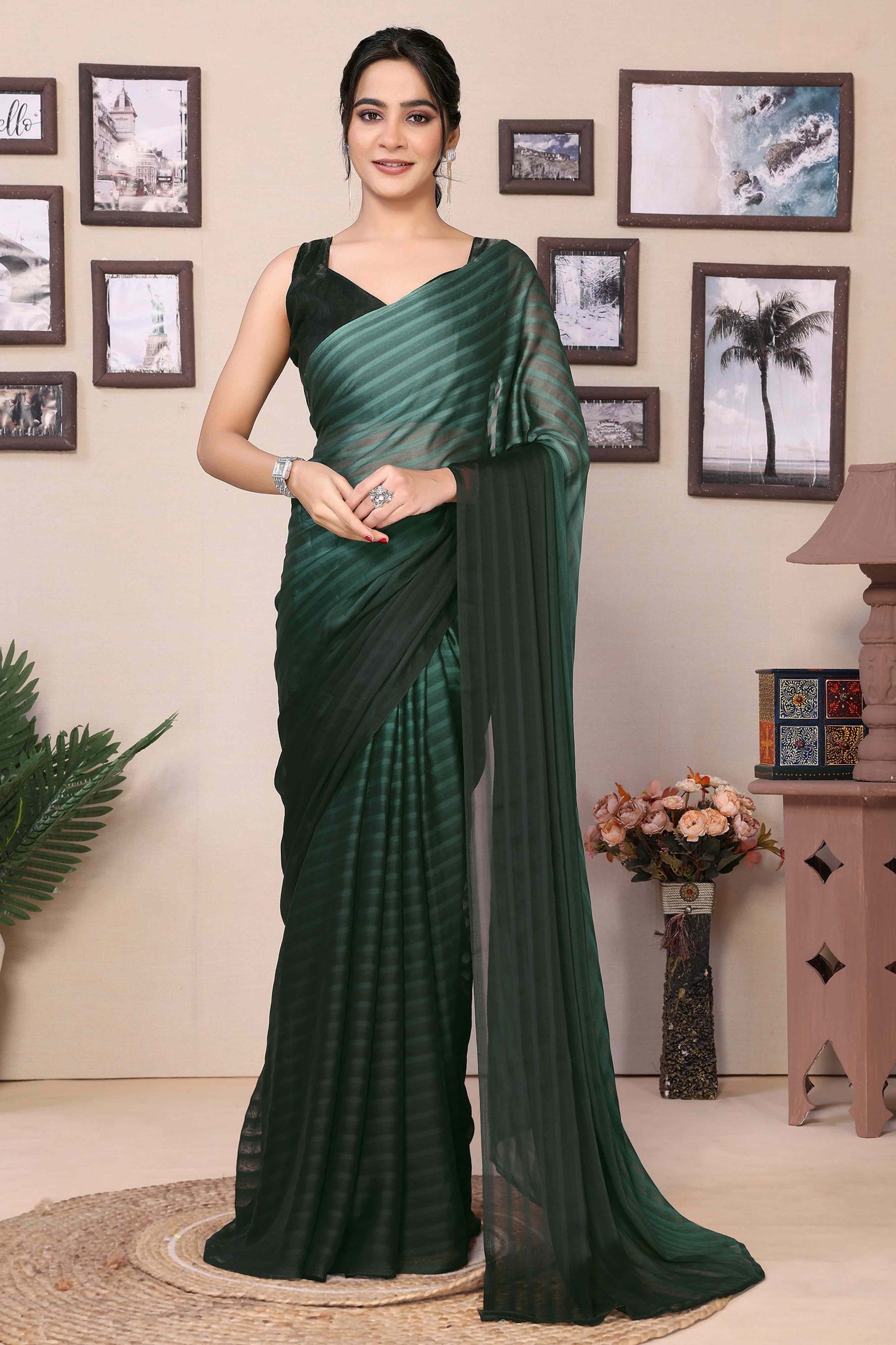 green-striped-printed-georgette-satin-patta-ready-to-wear-saree